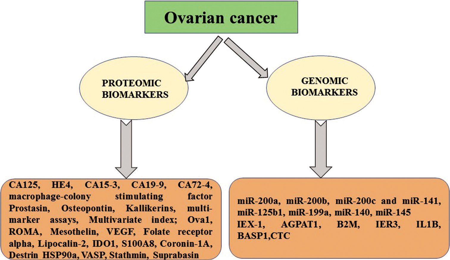 Multiple molecular and proteomic signatures either from body fluid or tissues are being used for the detection and prognosis of ovarian cancer.