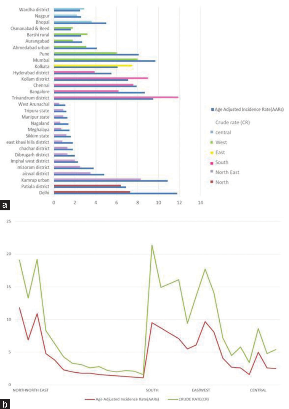 (a) Comparison of age-adjusted incidence rates (AARs) and crude rates (CRs) of population-based cancer registries (PBCRs) for prostate cancer (PCa) till 2016-zone wise. (b) Comparison of AARs and CRs of PBCRs for PCa till 2016-district-wise.