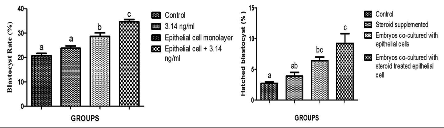 Graphical representation blastocyst rate and hatching rate in different groups. 1st bar represents, control group which is without any supplementation, 2nd bar represents, Day 04 embryos co-cultured with 3.14 ng/ml progesterone hormone, 3rd bar represents, Day 04 embryos co-cultured with epithelial cell monolayer and 4th bar represents, Day 04 embryos co-cultured with progesterone treated epithelial cell monolayer. Bars bearing different superscripts differ significantly (P < 0.05).